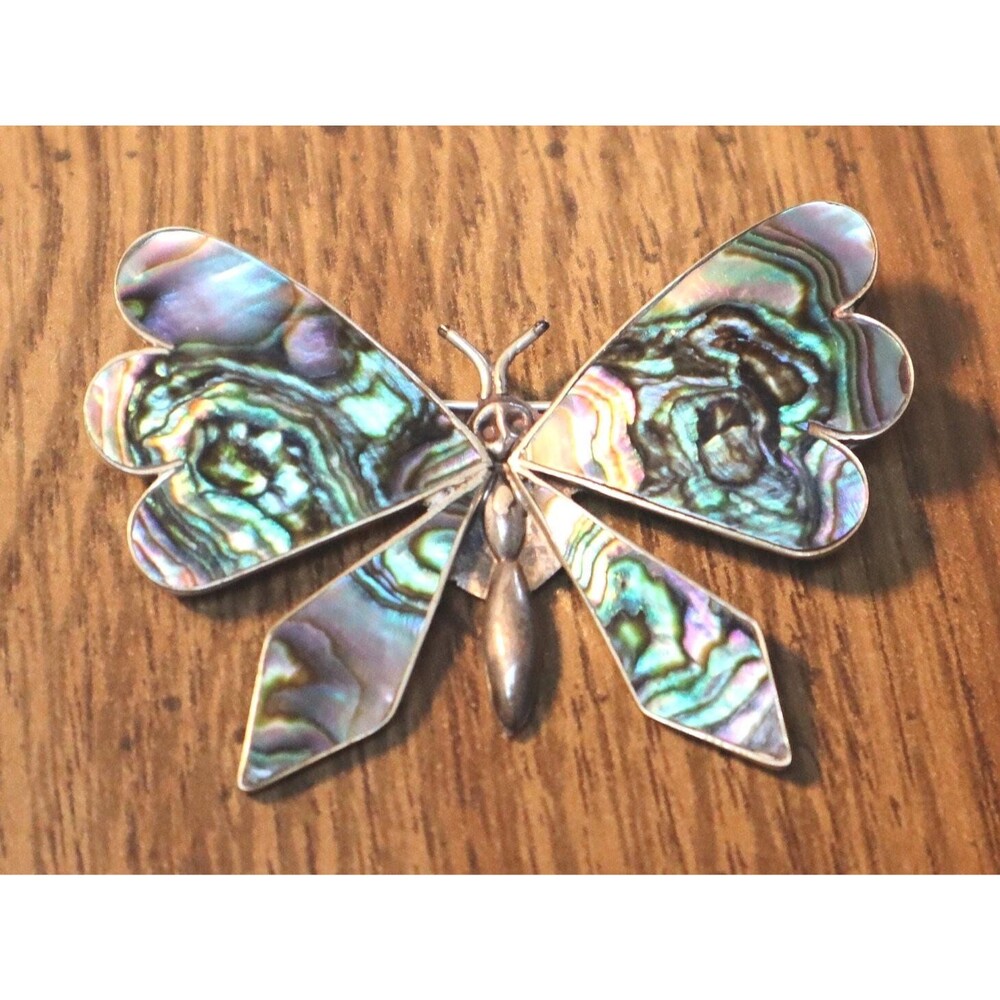 Vintage Mexican Sterling Butterfly Brooch Inlaid Abalone Signed JC Mexico